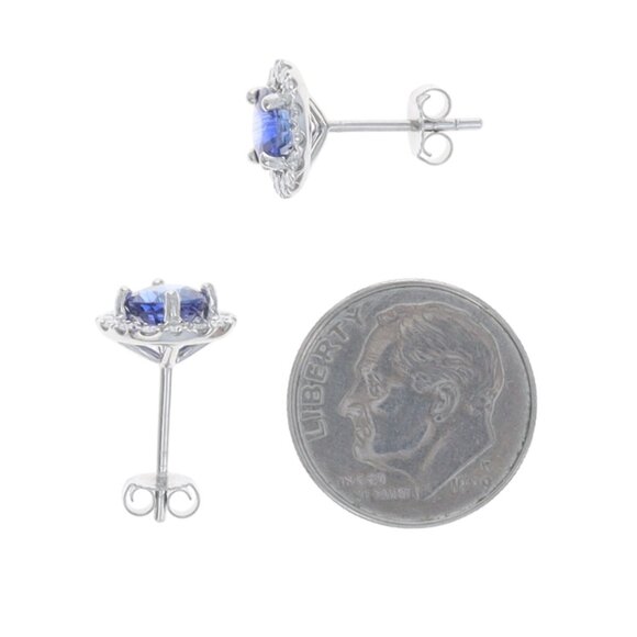 White Gold Sapphire Diamond Halo Stud Earrings - 14k Round 2.42ctw Pierced - Picture 4 of 6